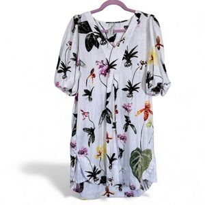 Joie White Tropical Floral Print Linen Shift Dress Womens M Short Sleeve Mini